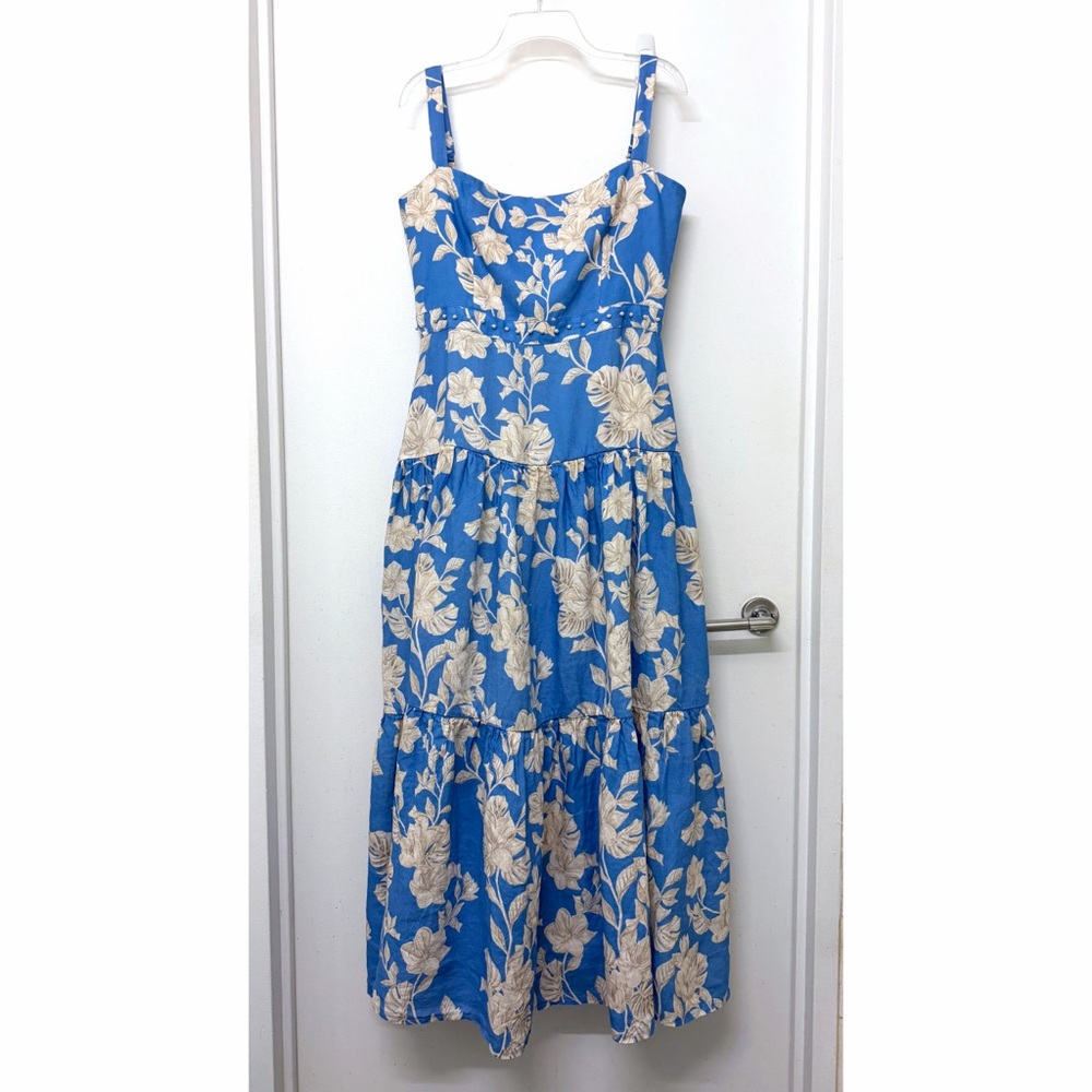 Agua by Agua Bendita Lima Madera Maxi Dress Linen Blue Ivory Floral Print L - Picture 2 of 16